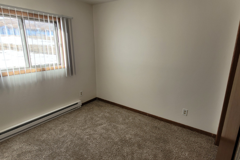 an empty room with a window and carpet