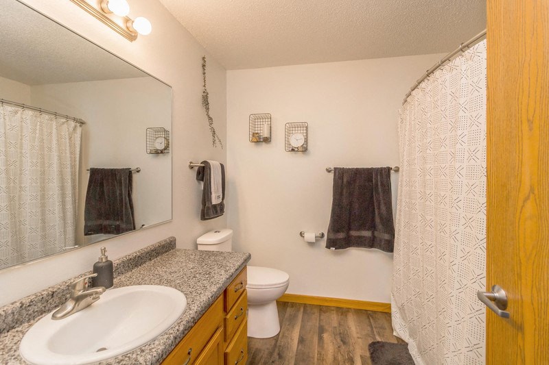 a bathroom with a sink and a shower and a toilet