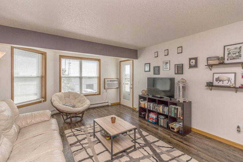 a living room with a white couch and a television
