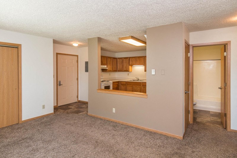 the living room and kitchen of an apartment with a door to the kitchen