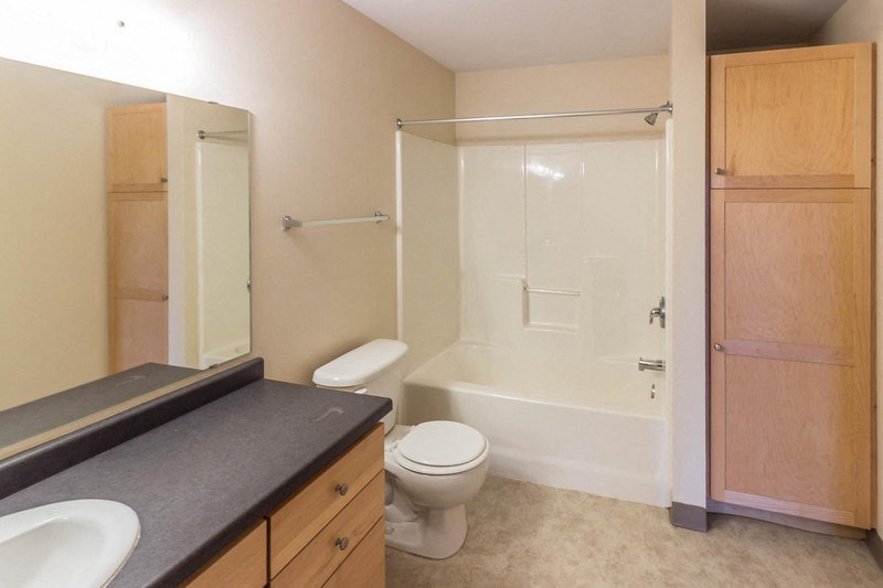 a bathroom with a shower toilet and sink