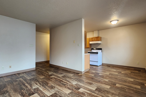 the living room and kitchen of an empty apartment with wood flooring