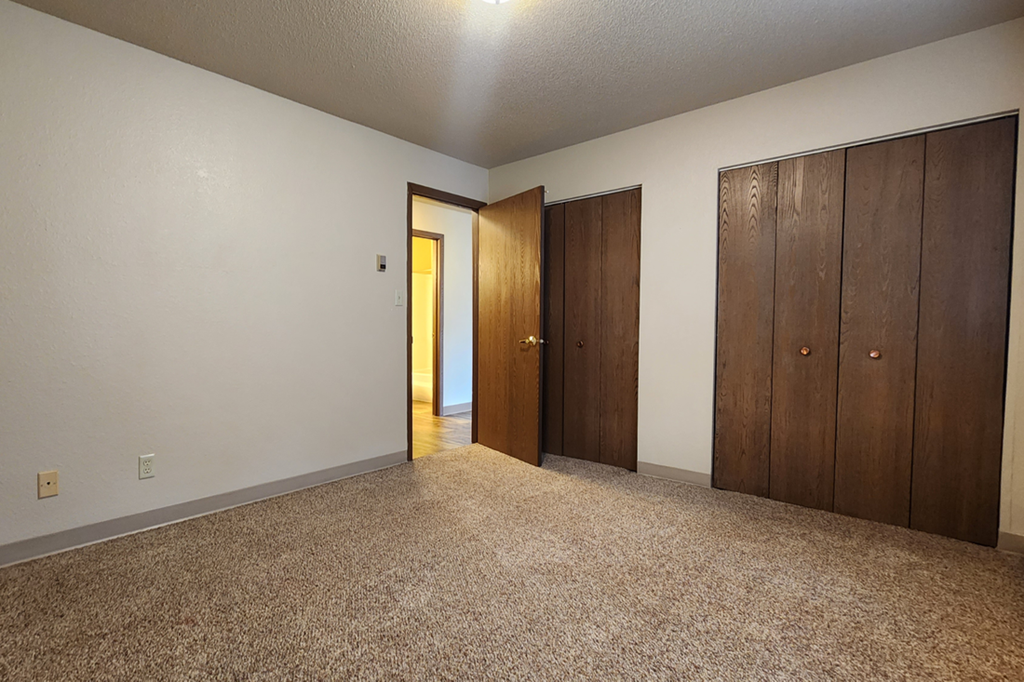 a master bedroom with two closets and a carpeted floor