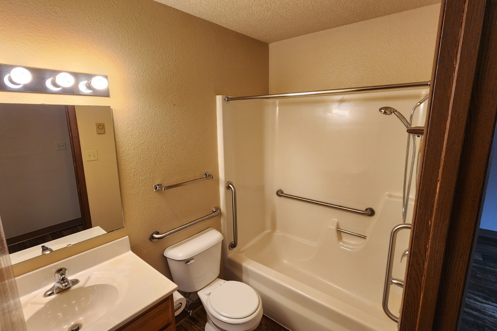 a bathroom with a shower toilet and sink and a mirror