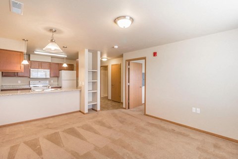 the living room and kitchen of an apartment with a door to the kitchen and a