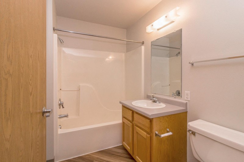 a bathroom with a toilet sink and shower and a mirror