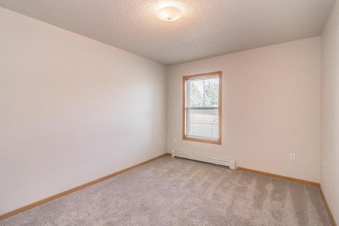 the spacious living room with carpet and a window