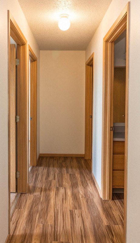 a hallway with a wood floor and a closet