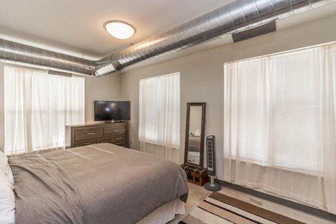 a bedroom with a bed and a tv and some windows