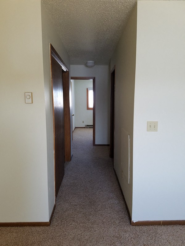 a hallway of a house with a carpeted floor and white walls and wooden doors