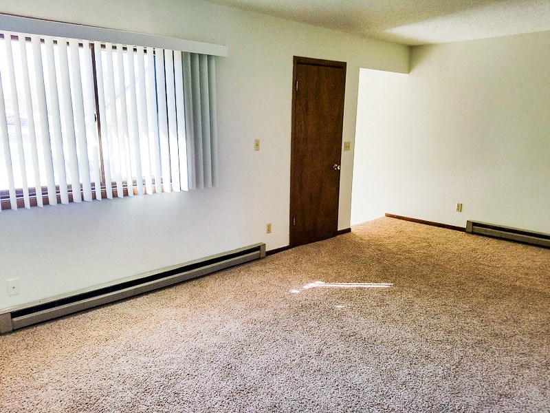 a room with carpet and a window and a door