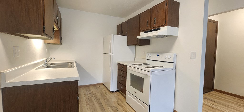 an empty kitchen with a stove refrigerator and sink