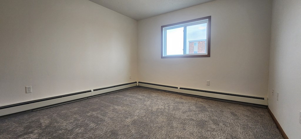 an empty living room with a window and carpet