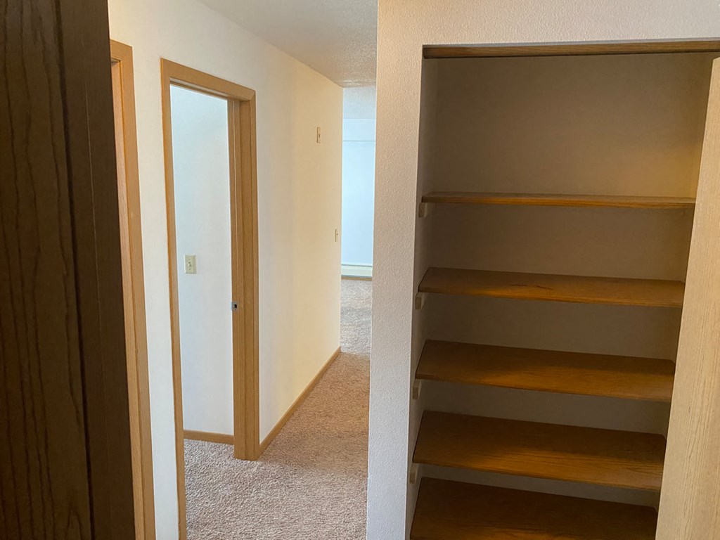 a walk in closet with empty shelves and a door to a hallway