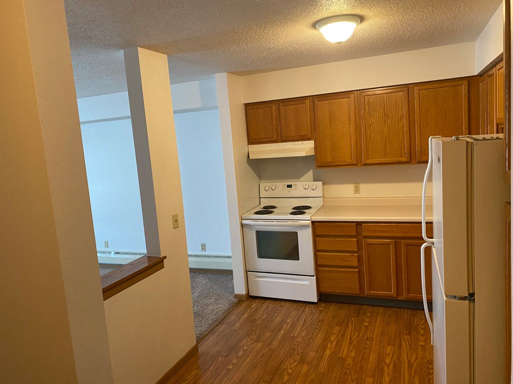 an empty kitchen with a stove and refrigerator