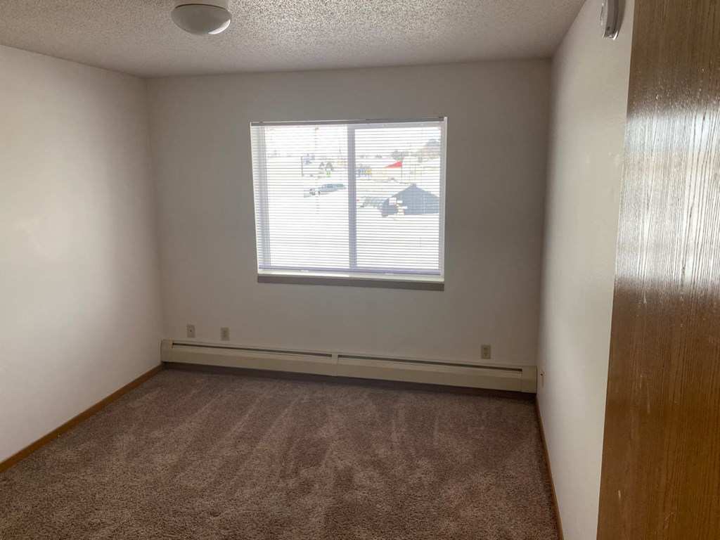 a bedroom with a window and a carpeted floor