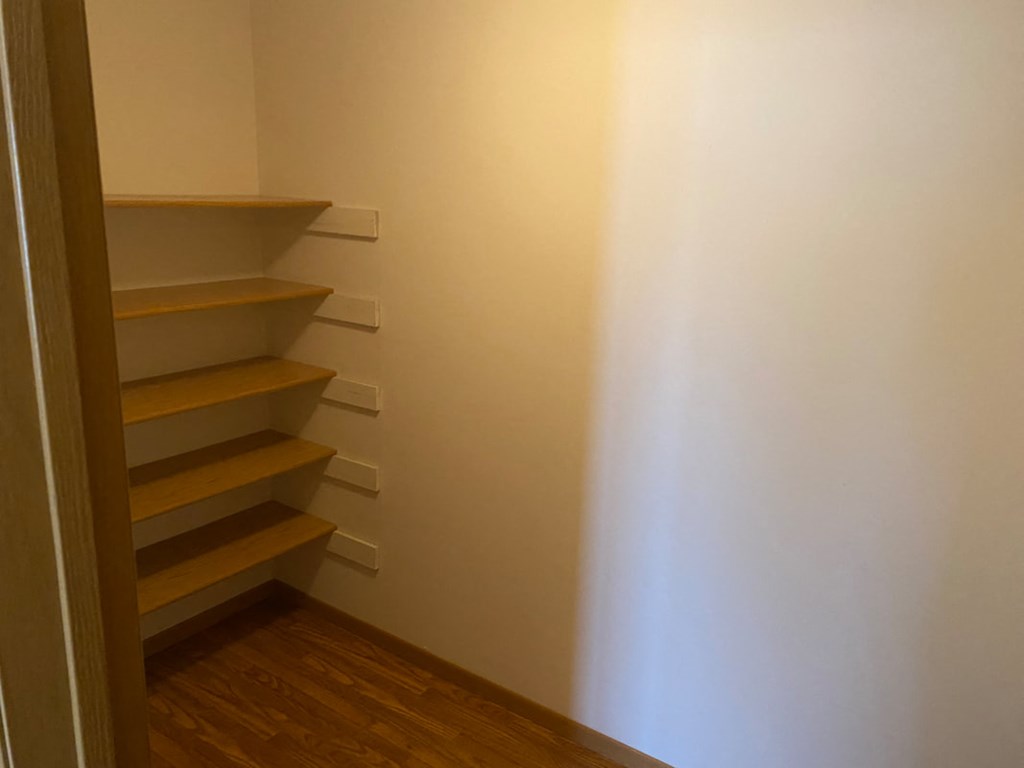 a small room with shelves and a closet