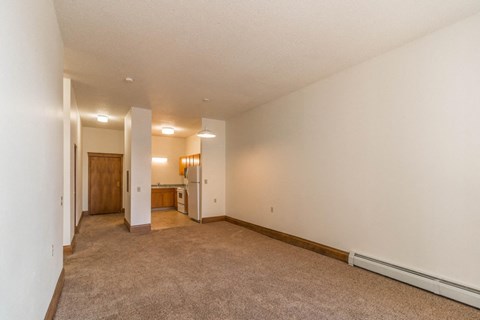the living room and kitchen of an empty home with white walls and carpet