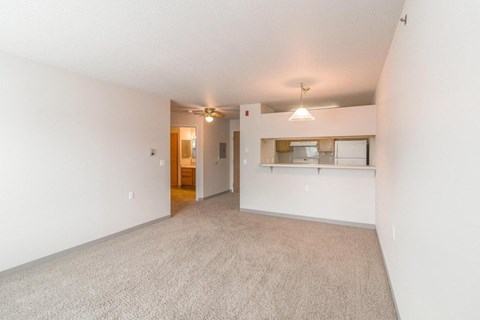 the living room and kitchen of an empty apartment with white walls and carpet