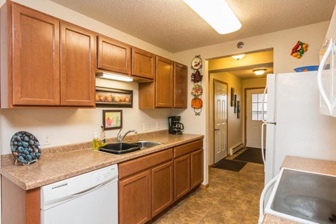 a kitchen with a sink and a refrigerator