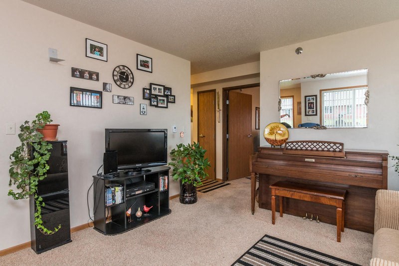 a living room with a piano and a television