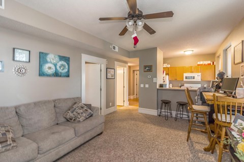 A living room with a grey couch and a ceiling fan.