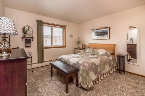 a bedroom with a bed and a dresser and a window