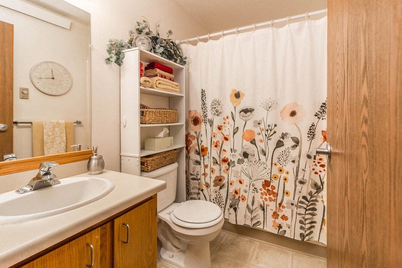 a bathroom with a shower curtain and a sink