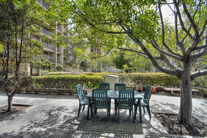 a dining table and chairs under a tree in a courtyard