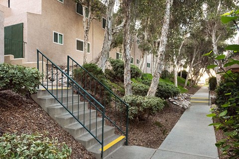 a set of stairs in front of a building with trees
