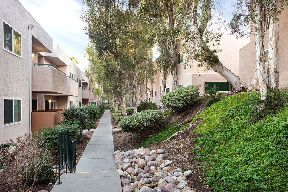 a sidewalk in front of a building with trees and rocks