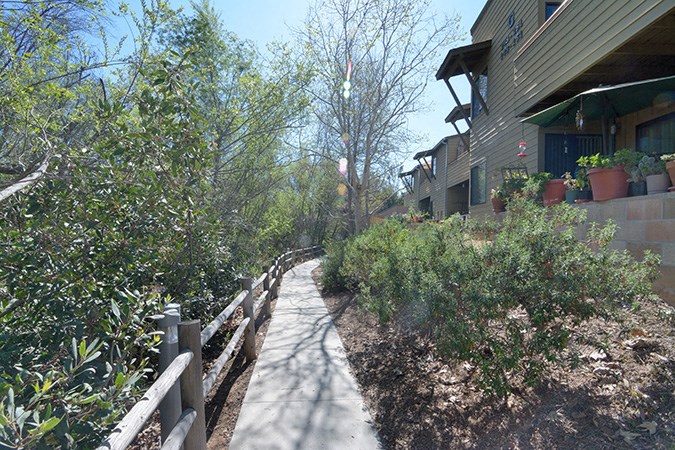 the path to the house is lined with plants and a wooden fence