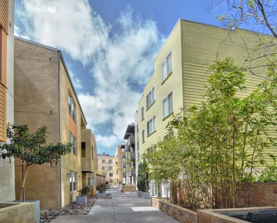 a row of buildings with trees and a sidewalk
