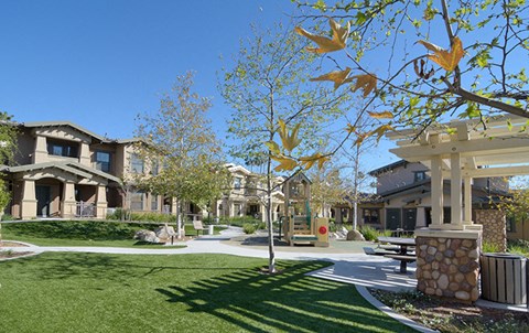 a view of the courtyard at the residences at the preserve apartments