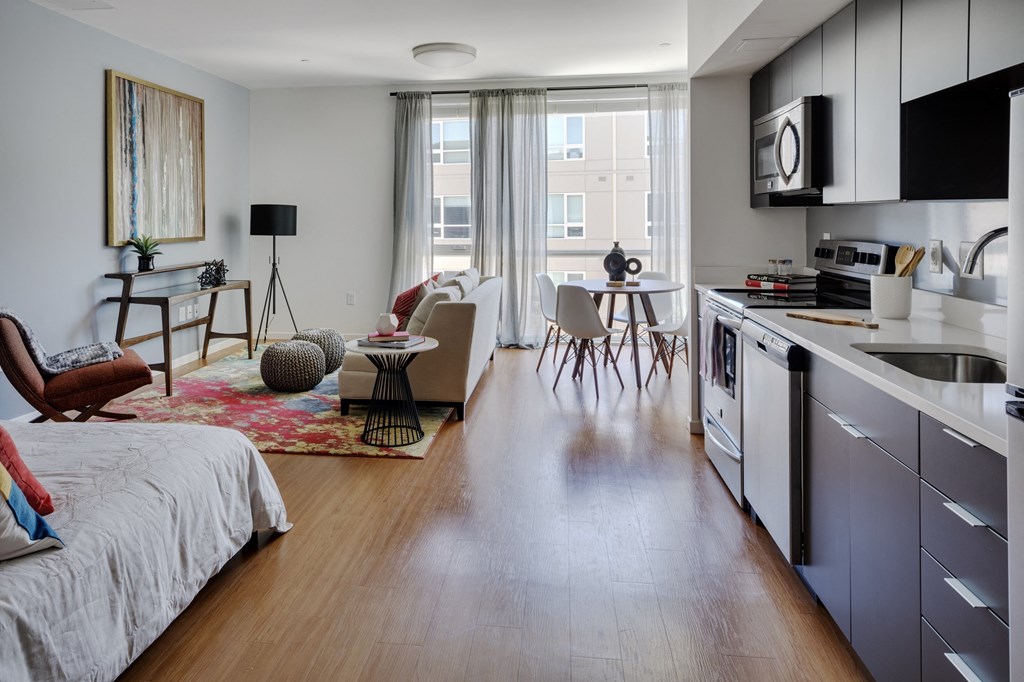 a studio apartment with a kitchen and a living room