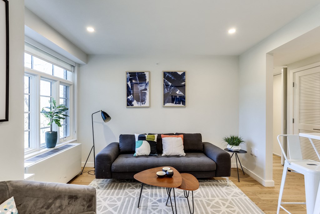 a living room with a couch and a coffee table