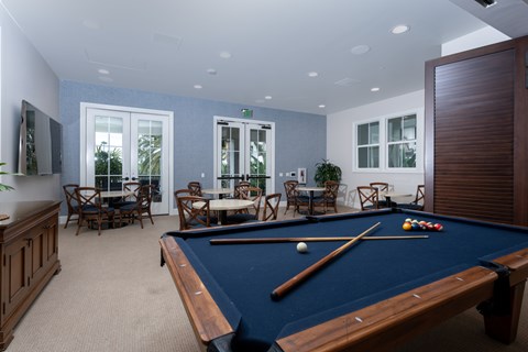 A pool table in a room with a view of the outdoors.