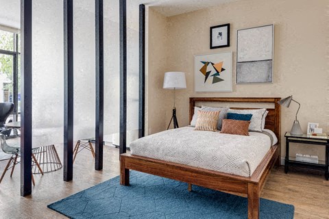 a bedroom with a bed and a blue rug