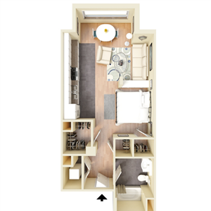 A - 0 Bedroom 1 Bath Floor Plan Layout - 553 Square Feet