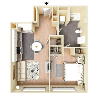 D - 1 Bedroom 1 Bath Floor Plan Layout - 706 Square Feet