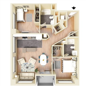 J - 2 Bedroom 2 Bath Floor Plan Layout - 1100 Square Feet
