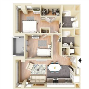 I - 2 Bedroom 2 Bath Floor Plan Layout - 990 Square Feet