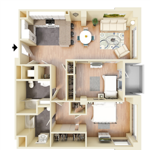 N - 2 Bedroom 2 Bath Floor Plan Layout - 1133 Square Feet