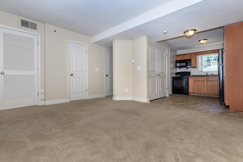 the living room and kitchen of an empty home