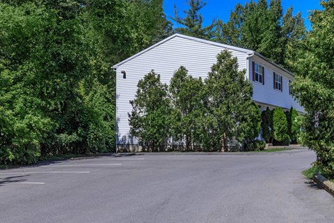 a white house with trees in front of it on a road