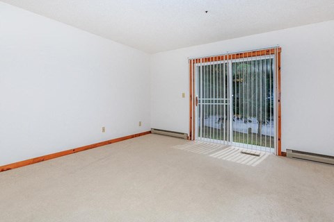 an empty living room with a glass door to a patio