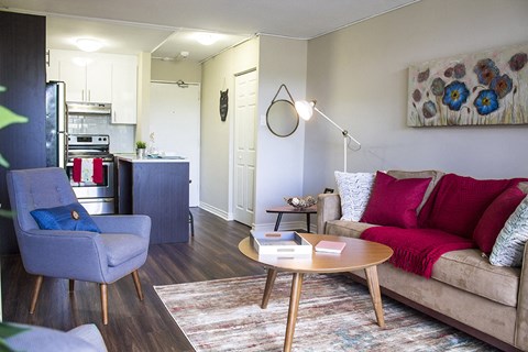 a living room with a couch and a chair and a table