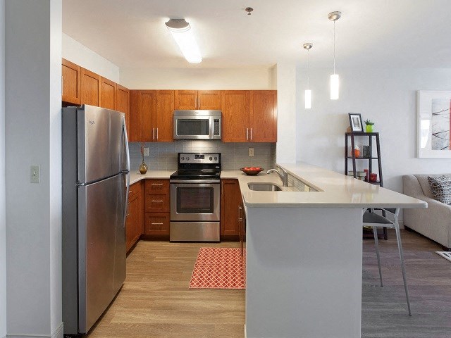 a kitchen with stainless steel appliances and a counter top