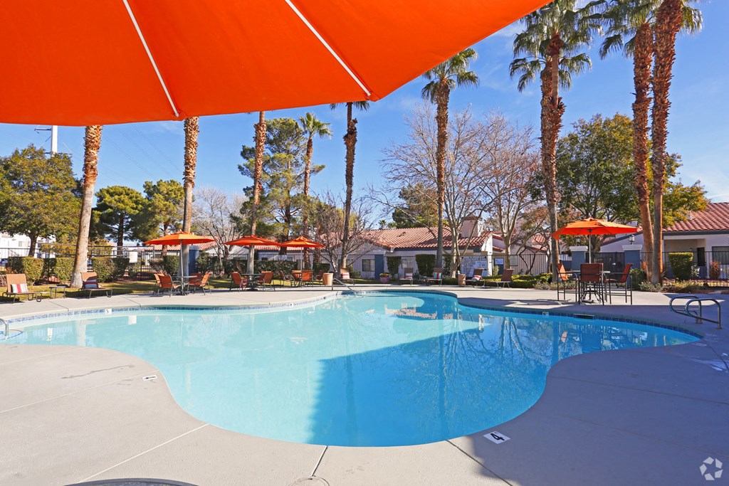our resort style swimming pool is surrounded by palm trees and umbrellas