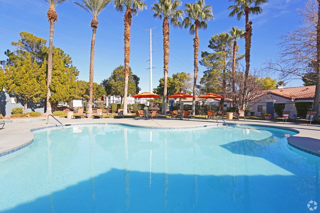 a swimming pool with palm trees and umbrellas around it
